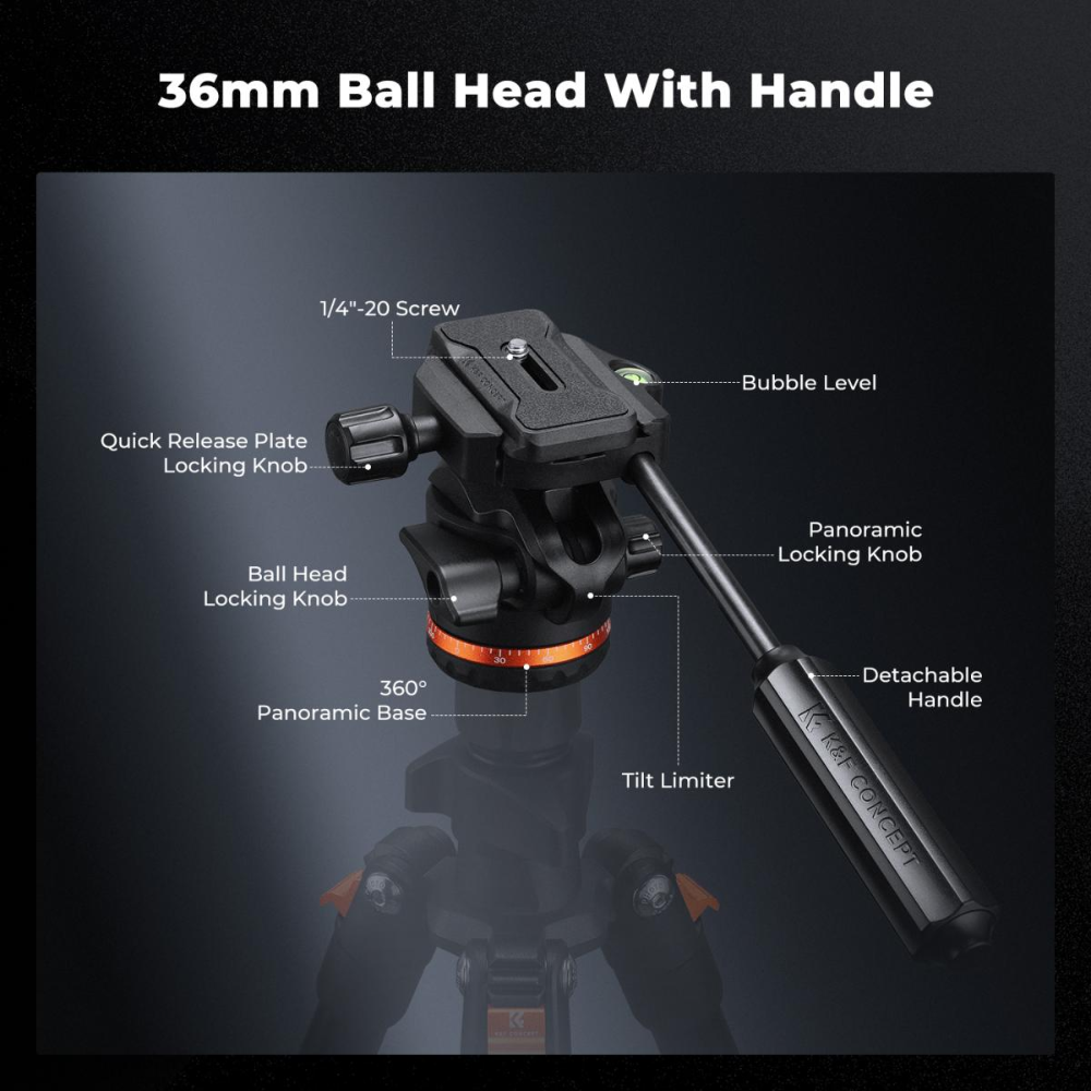 K&F Concept 36mm Ball Head with Handle, Tilt Limiter & 8kg Load Capacity