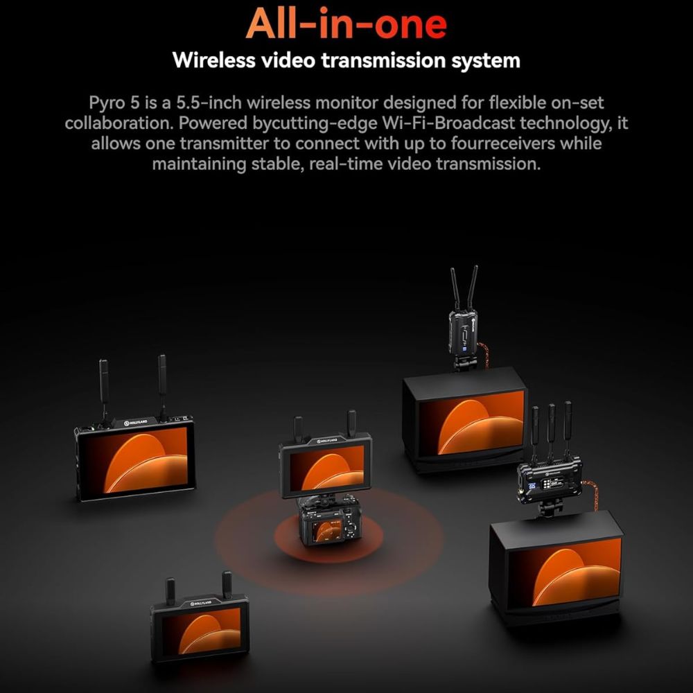 Hollyland PYRO 5 Wireless 5.5" Video Transmitter & Receiver Camera Field Monitor with 2.4/5GHz 60ms Auto Dual-Band Hopping, HDMI / SDI 1300ft Range, 1500-nit Screen, Multi-Camera Control / Switching, Proxy Recording & RTMP Streaming