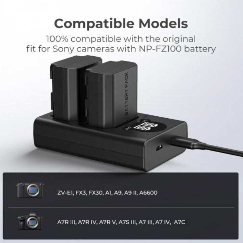 K&F Concept NP-FZ100 Dual Battery Charger with LCD Screen Indicator and USB A to Type C Charging Cable for Sony Alpha A7 III, A7R III, A7R IV, A9, A6600, Alpha A9 II, etc. Digital Camera Photography