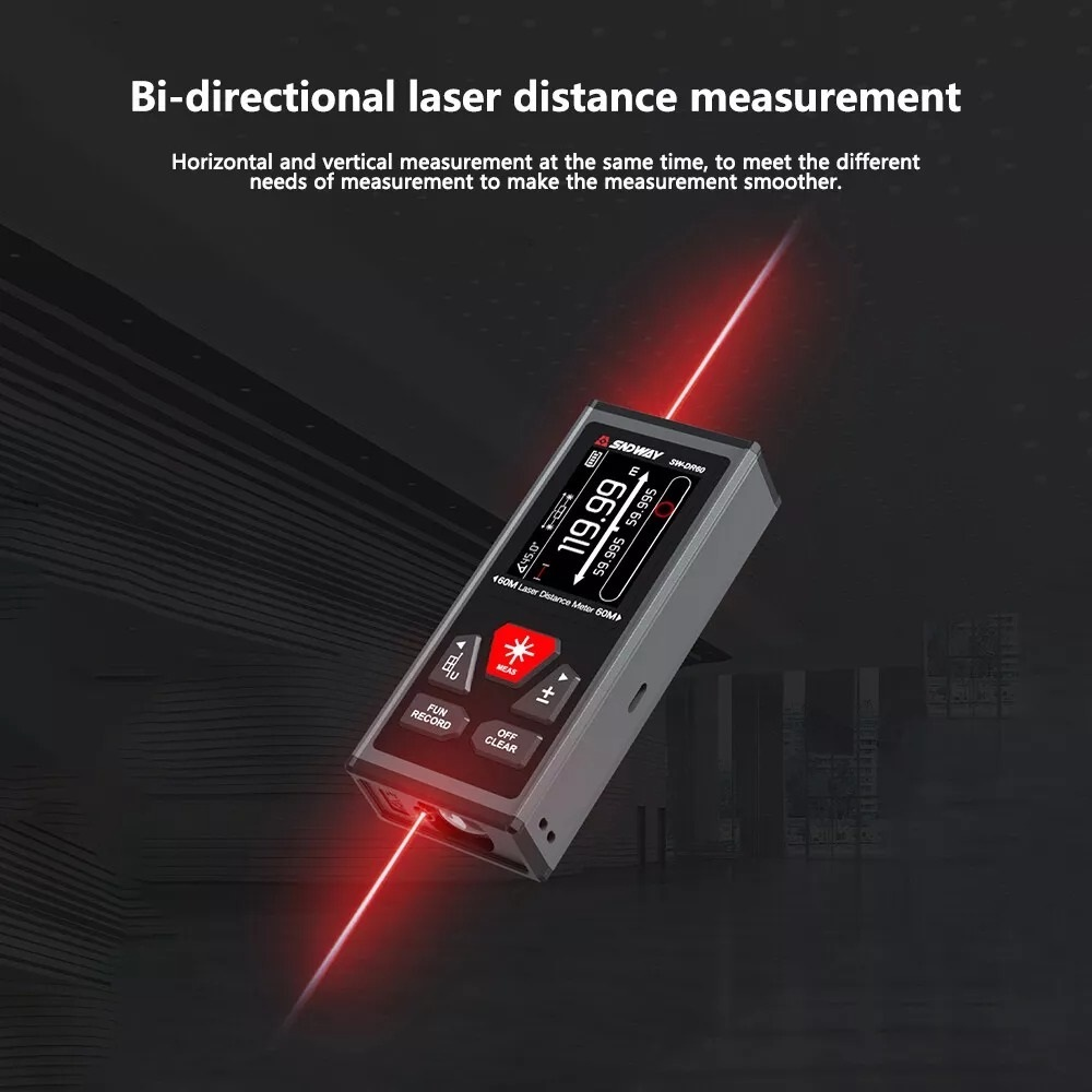 SNDWAY Dual Rechargeable Laser Distance Meter with Bidirectional 60M /120M Measuring Range, Laser Class Level II, LCD Display Screen, Magnetic Back and Multiple Measurement Function Options for Industrial and Home Improvements | SW-DR60