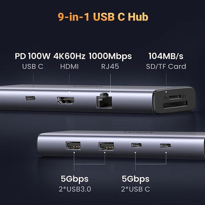 [CLEARANCE] UGREEN 9-in-1 USB-C Multifunctional Adapter Dock with USB 3.0 Ports, microSD and SD Card Reader, 4K HDMI, RJ45 Ethernet Port, and Type-C PD Charging Port | 15375