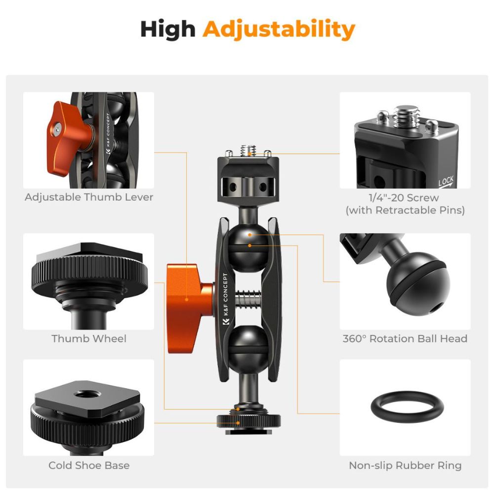 K&F Concept Universal Super C Clamp with 360° Dual Head Magic Arm, 18-60mm Clamping Surface, 1/4"-20 Expansion Ports, & 1.5kgs Load Capacity for Smartphone Clip, Fill Light, Compact, DSLR, SLR, Mirrorless, Panoramic, Action Cameras