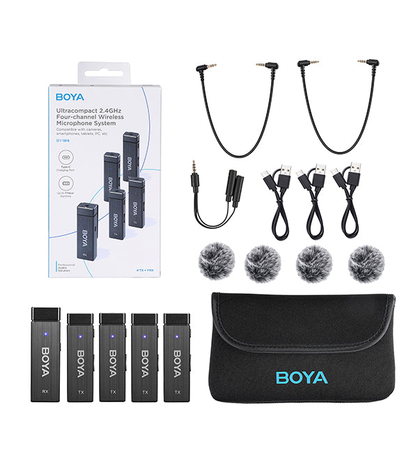Boya BY-W4 Ultracompact 2.4GHz Four-Channel Wireless Microphone System for Cameras, Smartphones, Tablets, PC with 4 Transmitter, 1 Receiver, 30m Range, 360 Degree Omnidirectional Sound, 3.5mm TRRS Output, 2 Selectable Patterns TX RX