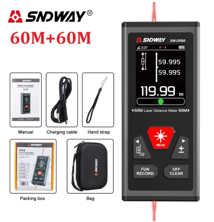 SNDWAY Dual Rechargeable Laser Distance Meter with Bidirectional 60M /120M Measuring Range, Laser Class Level II, LCD Display Screen, Magnetic Back and Multiple Measurement Function Options for Industrial and Home Improvements | SW-DR60