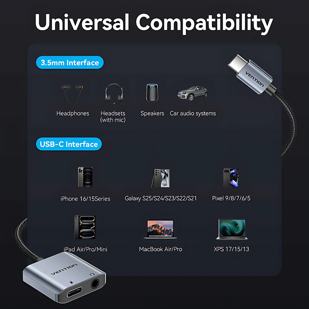 Vention USB-C Male to 3.5mm Female Hi-Fi Audio Adapter with 60W PD Fast Charging Port for iPhone 15/16, Samsung Galaxy S25/S24/S23/S22/S21, iPad Air/Pro/Mini, MacBook Air/Pro, Other Mobile Phones to Wired Earphones, Headphones & Speakers