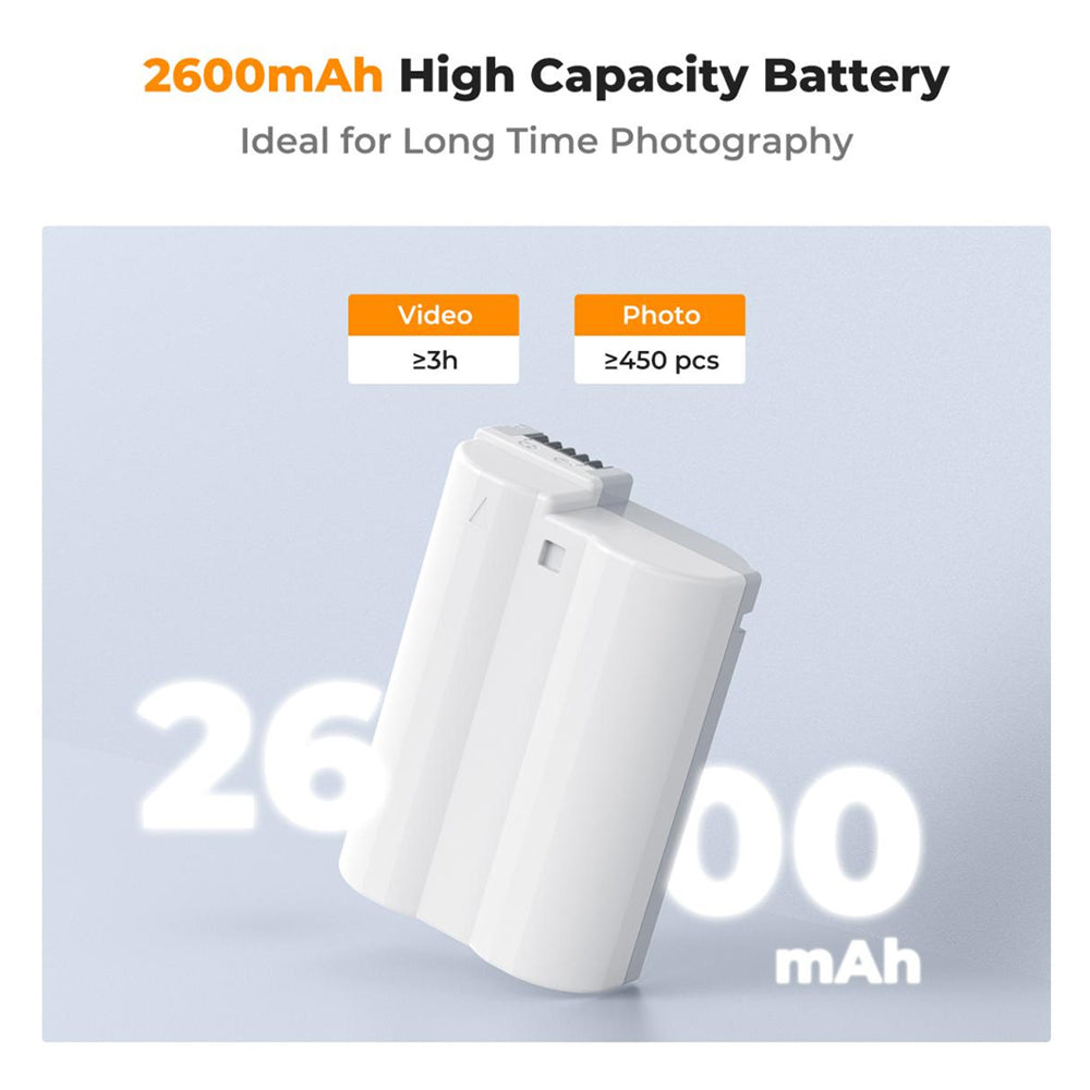 K&F Concept EN-EL15C Battery (2600mAh) Fully Decoded with USB Type-C Direct Charging for Nikon Z5, Z6, Z6 II, Z7, Z7 II, Z8, Zf, 1 V1, D500, D600, D610, D750, D780, D800, D810, D810A, D850, D7000, D7100, D7200, D7500 Cameras | ENEL15C