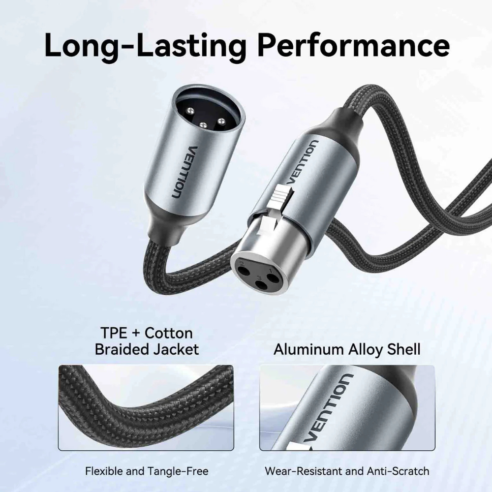 Vention XLR Male to Female Microphone Audio Cable with Nickel-Plated Connectors, Multi-Layer Shielding, Aluminum Alloy Shell and Cotton Braided Jacket for Speaker, Mixers, Amplifiers, Sound Card, and More