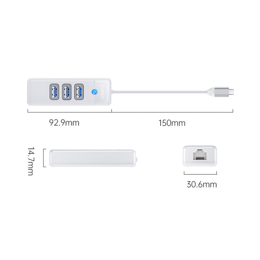 [CLEARANCE] ORICO 4 Port 0.5M USB Type-C Data Hub with 5Gbps Transfer Rate, USB-A 3.0 Inputs, 2.5G / 1000Mbps Internet Speed for Windows 8/10, macOS, Linux | PW3UR-C3
