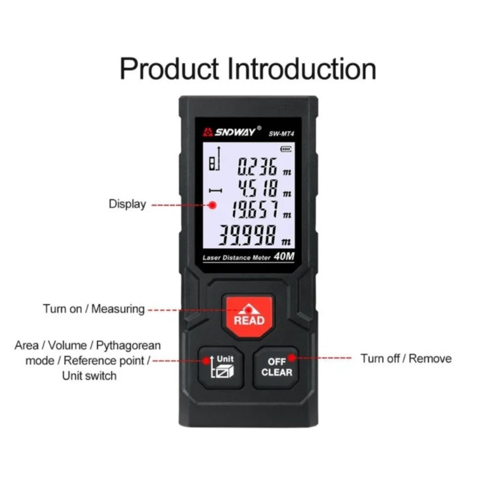 SNDWAY Digital Laser Distance Rangefinder Meter with 40 Meters Measurement Range, Laser Class II, +2mm Accuracy, LCD Backlight Display and Multiple Measurement Unit and Function Options for Industrial & Home Improvements | SW-MT4