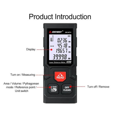 SNDWAY Digital Laser Distance Rangefinder Meter with 40 Meters Measurement Range, Laser Class II, +2mm Accuracy, LCD Backlight Display and Multiple Measurement Unit and Function Options for Industrial & Home Improvements | SW-MT4