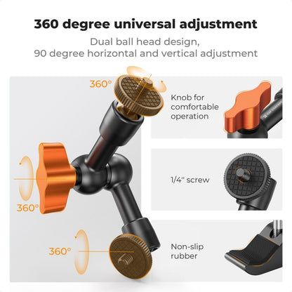 K&F Concept 60mm Super C-Clamp & 11" / 9.8" / 6" Magic Arm Mount with 360° Ball Head, 2kg Maximum Load Capacity, 1/4" & 3/8" Screw for Smartphone Clip, Fill Light, Compact, DSLR, SLR, Mirrorless, Panoramic, Action Cameras