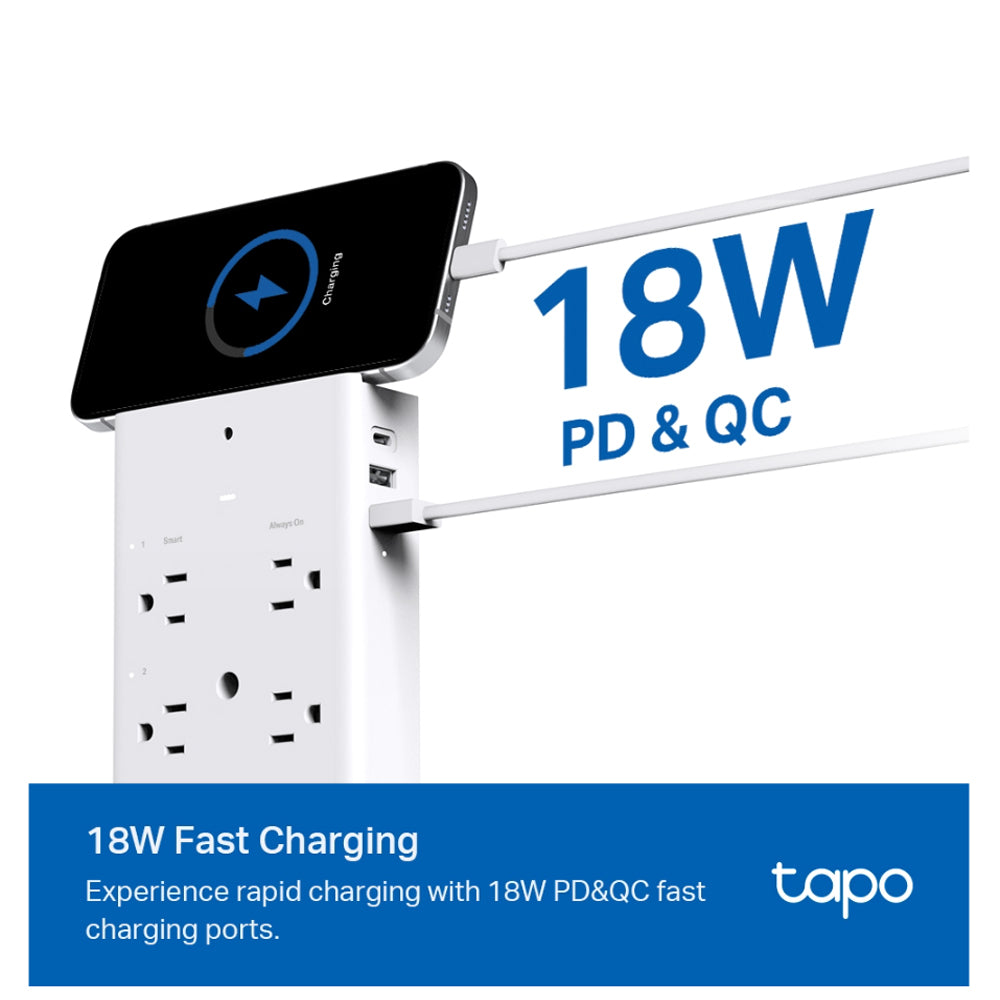 TP-Link TAPO P306 9 in 1 SMART WIFI Outlet Extender with PD 18W USB Type-C and QC 3.0 USB-A Ports, Smart NIght Light, Voice Control and Remote Controlled via Mobile App