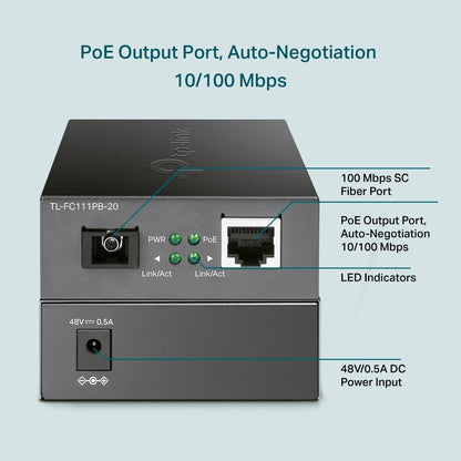 TP-Link TL-FC111PB-20 10/100Mbps WDM Media Converter with 1-Port PoE Single-Mode Fiber Optic Transceiver with 20 km Extension Range, Auto-Negotiation Half/Full-Duplex Mode, Auto-MDI/MDIX TP LINK TPLINK