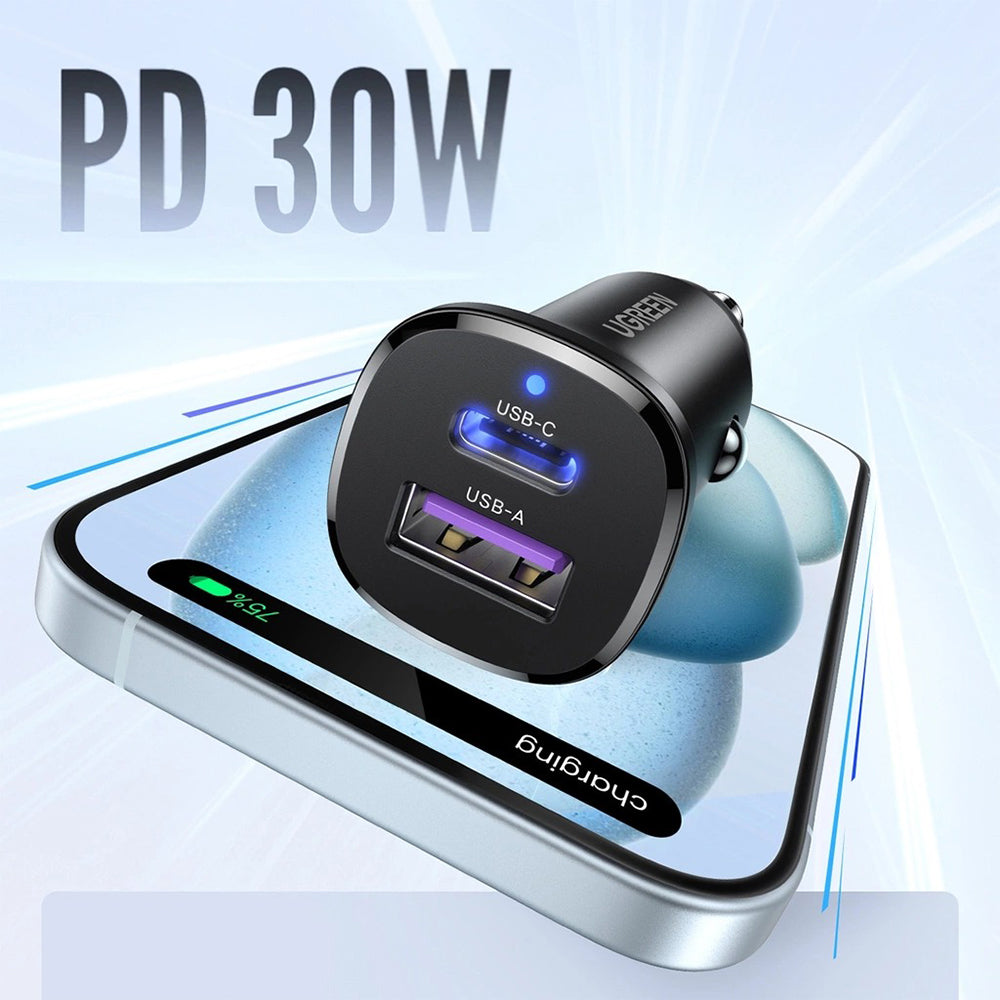 UGREEN PD 30W + QC 22.5W USB Car Charger Fast Charging Power Socket Adapter with USB-A & Type C Port for Smartphones, Tablets, Cameras, Dashcams, Air Purifiers & Car Interior Electronic Devices