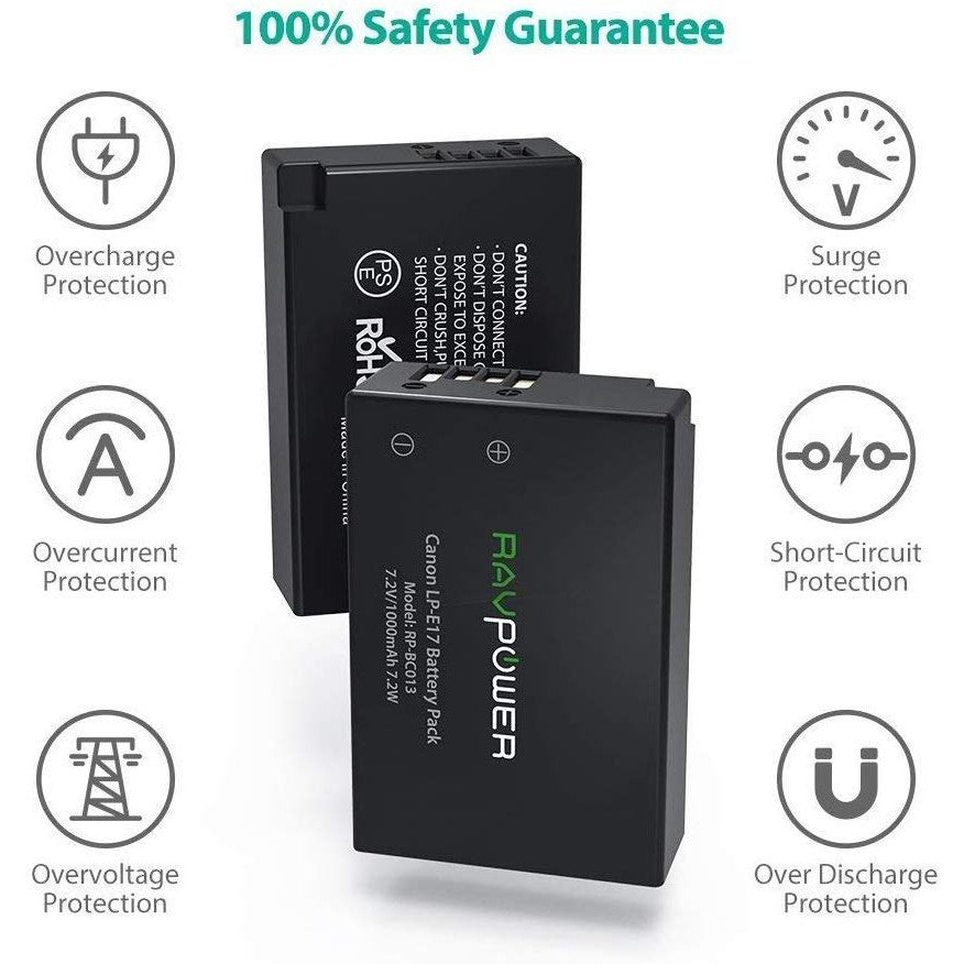 RAVPower LP-E17 Battery Charger and 2-Pack Rechargeable Li-ion Batteries for Canon EOS 77D, Rebel T6i, Rebel T7i, 750D,760D, 800D, 200D, 8000D, M3, M5, M6, Rebel T6s, Kiss X8i, Rebel SL2 (7.2V, 1000mAh) E17