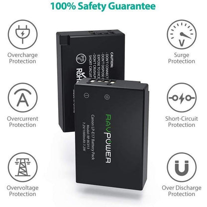 RAVPower LP-E17 Battery Charger and 2-Pack Rechargeable Li-ion Batteries for Canon EOS 77D, Rebel T6i, Rebel T7i, 750D,760D, 800D, 200D, 8000D, M3, M5, M6, Rebel T6s, Kiss X8i, Rebel SL2 (7.2V, 1000mAh) E17