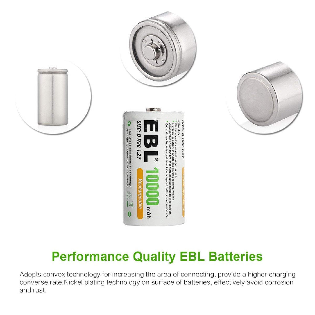 EBL LN-8141 1.2V D Cell 10000mAh Rechargeable NiMH Nickel Metal Hydride Battery (Pack of 2) with Included Storage Case for Portable and EUPDATEncy Electronics