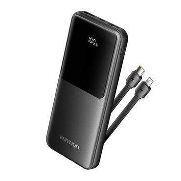 Vention 10000mAh 22.5W/PD 20W Fast Charge Power Bank with Built-In Type C & Lightning Charging Cable, 3-Port Output, Smart LED Digital Display for iPhone, iPad, Airpods, Android Smartphone, Tablet, Camera - White, Black