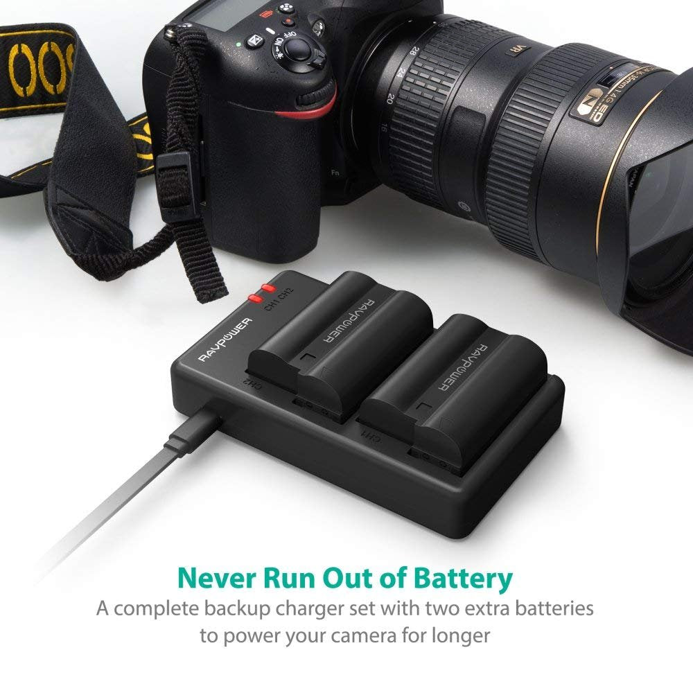 RAVPower EN-EL15 EN EL15a Battery Charger and 2-Pack Rechargeable Li-ion Batteries for Nikon d750, d7200, d7500, d850, d610, d500, MH-25a, d7200, z6, d810 Batteries (2-Pack, Micro USB Port, 2040mAh)