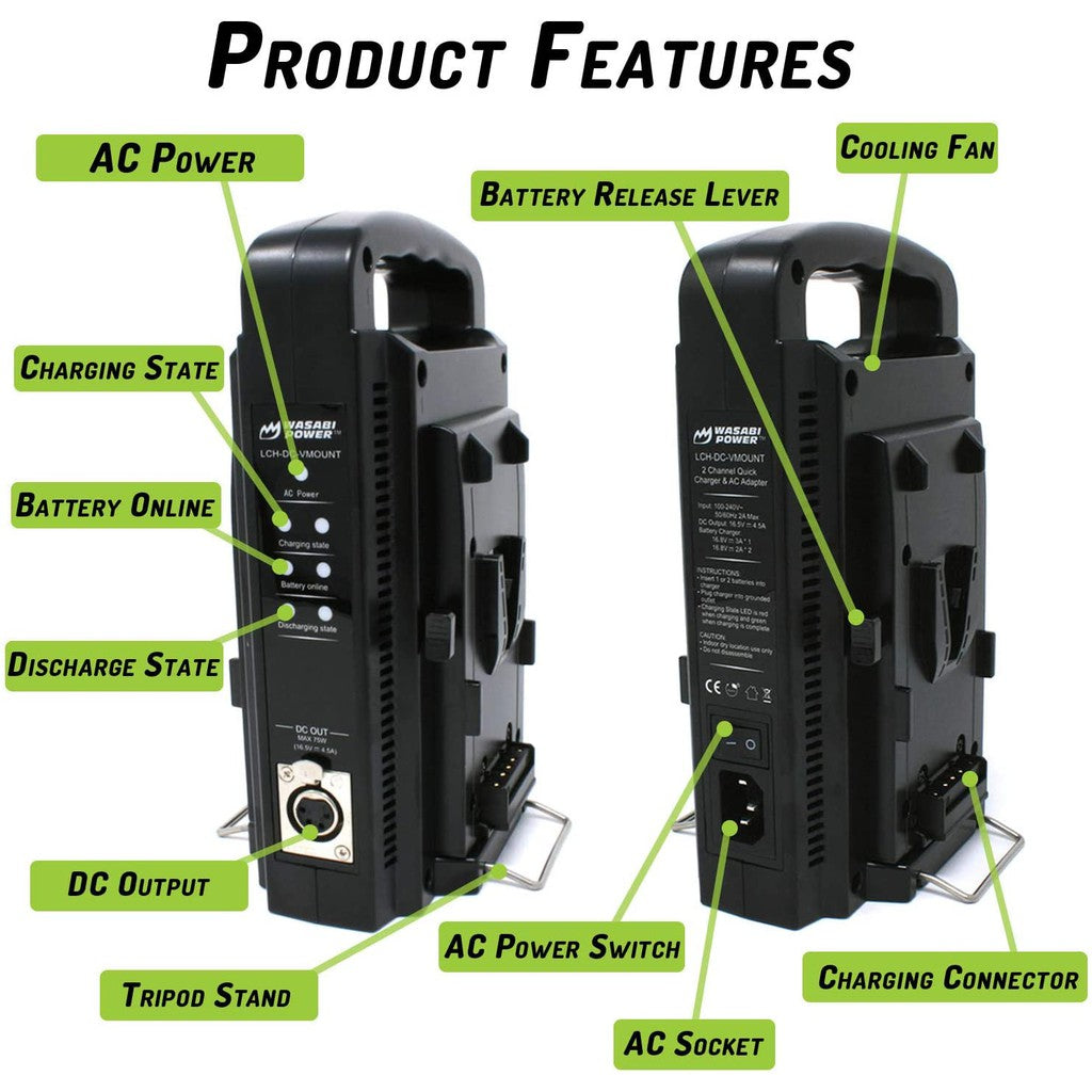 [CLEARANCE] Wasabi Power V-Mount Dual Charger with DC 16.8V Power Supply Output Compatible with Any V-Mount Brick