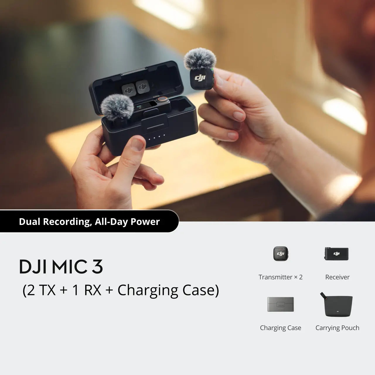 DJI Mic 3 / Mic 2 2TX + 1RX Wireless Microphone System 2 Person Lavalier Mic with Charging Case, Touchscreen Onboard Controls, Dual Band Wireless & Bluetooth Connection for Camera, Smartphone, Vlogging & Content Creation