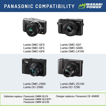 Wasabi Power Battery (2-Pack) and Dual USB Charger for Panasonic DMW-BLE9, BLE9 DMW-BLG10 BLG10 and Panasonic Lumix DMC-GF3, DMC-GF5, DMC-GF6, DMC-GX7, DMC-GX85, DMC-LX100, DMC-ZS60, DMC-ZS100 | JG Superstore