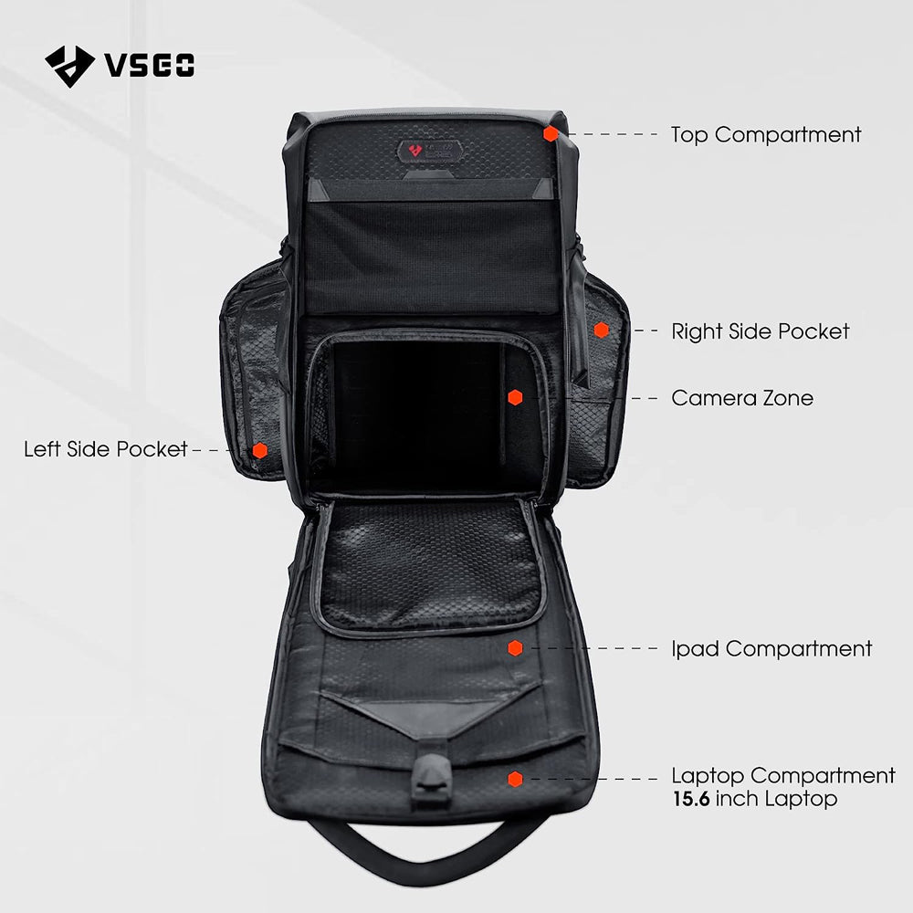 VSGO V-BP01 Black Snipe 20L Camera Backpack with FIDLOCK Magnetic Button, 15-inch Laptop Compartment, Anti-Theft Dock Zipper, Quick Access Side Pockets for Tablet, Drones, Tripod, Lens, DSLR/SLR, Mirrorless Camera & Accessories