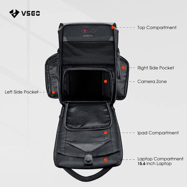 VSGO V-BP01 Black Snipe 20L Camera Backpack with FIDLOCK Magnetic Button, 15-inch Laptop Compartment, Anti-Theft Dock Zipper, Quick Access Side Pockets for Tablet, Drones, Tripod, Lens, DSLR/SLR, Mirrorless Camera & Accessories