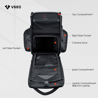 VSGO V-BP01 Black Snipe 20L Camera Backpack with FIDLOCK Magnetic Button, 15-inch Laptop Compartment, Anti-Theft Dock Zipper, Quick Access Side Pockets for Tablet, Drones, Tripod, Lens, DSLR/SLR, Mirrorless Camera & Accessories