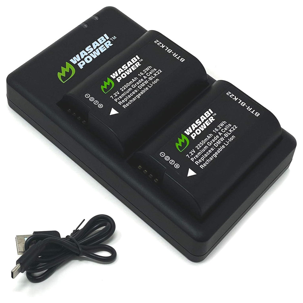 Wasabi Power (2-Pack) Panasonic DMW-BLIK22 DMWBLIK22 Battery and Dual Charger with Micro USB and Type C Charging Ports for Panasonic Lumix DC-G9 II DC-S5 DC-S5 II DC-S5 IIX GH5 II and GH6 Mirrorless Camera