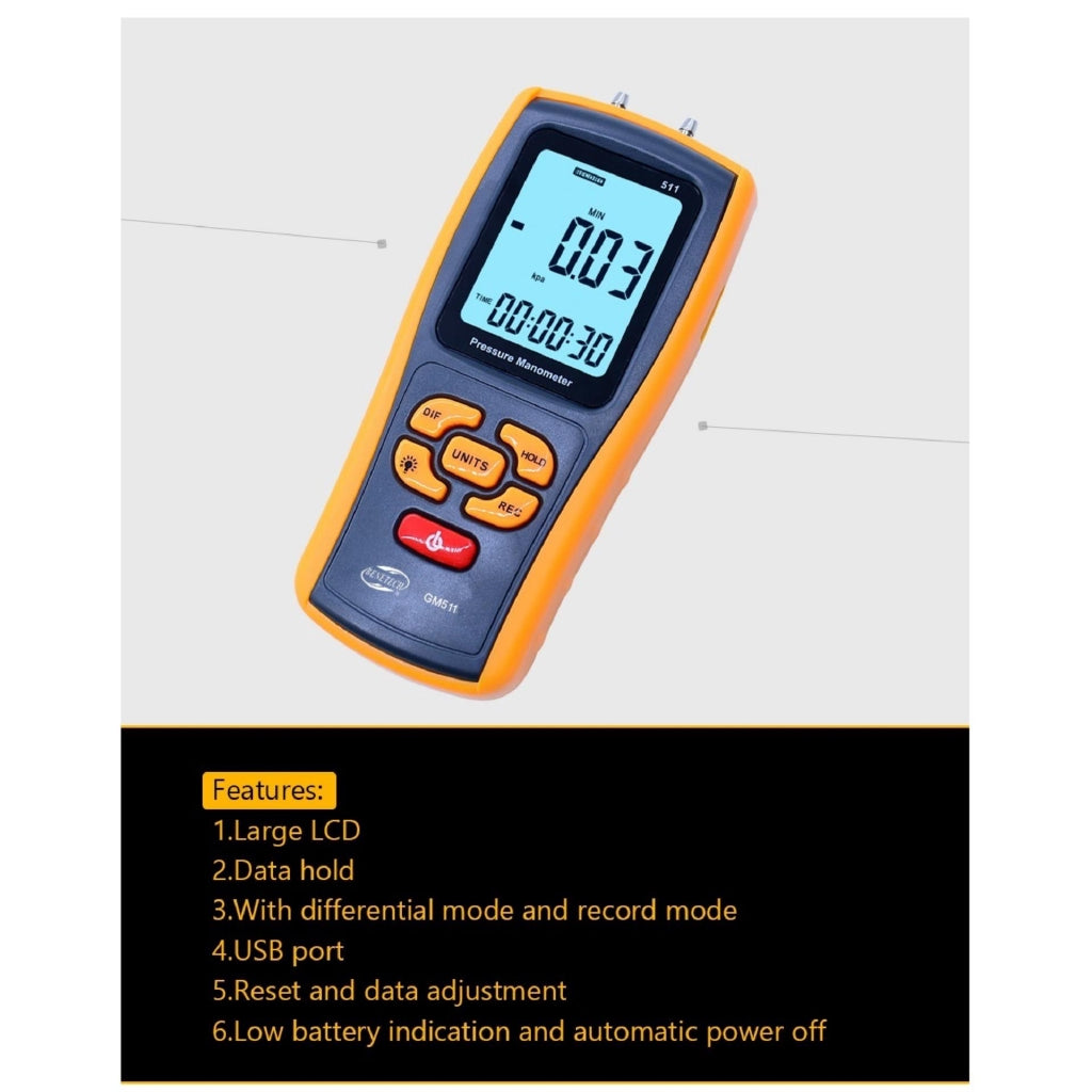 [CLEARANCE] Benetech GM511 Portable USB Digital LCD Pressure Gauge Differential Pressure Manometer Measuring Range 50kPa Pressure manometer
