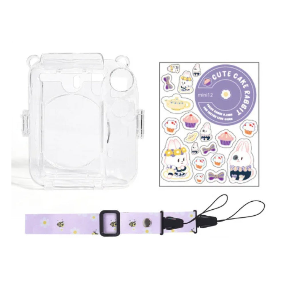 Pikxi 3-in-1 Clear Instant Camera Case for FUJIFILM Instax Mini 12 Film Cameras with Cartoon Patch Sticker Set and Body Strap - Available in Blossom Pink, Pastel Blue, Clay White, Lilac Purple, and Mint Green Color