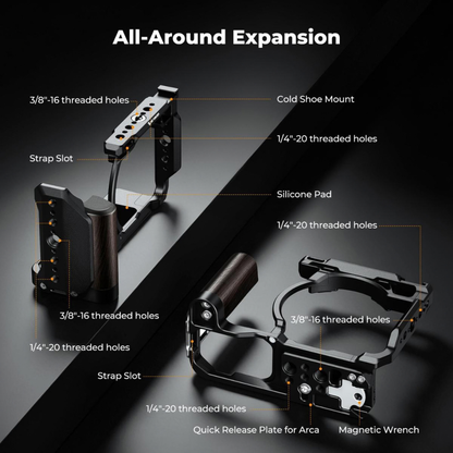 K&F Concept Camera Cage for Nikon ZR, CNC Aluminum Arca Base, Cold Shoe 1/4"-20 & 3/8"-16 Mounts