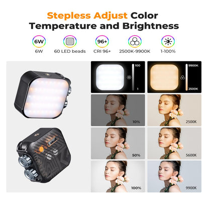K&F Concept RGB LED Portable Video Fill Light 360° Full Color CRI 96+ with Built-In 2000mAh Rechargeable Battery & 15 Light Effects for Travel Photography Content Creation Vlogging Streaming Recording - Blue