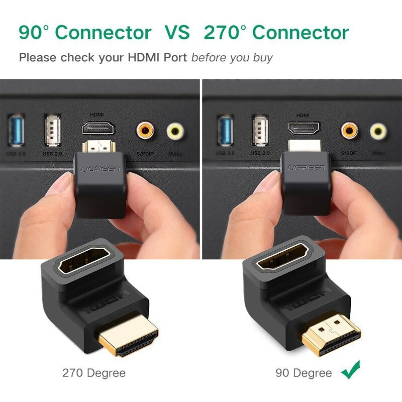 UGREEN HDMI Right Angle Male to Female Video Cable Adapter Dongle with Gold Plated Connectors for PC, Desktop Computer, Laptop, TV, Display Monitor, Projector, PS5/PS4, DVD Player (Upward, Downward Angle) | 20109 20110