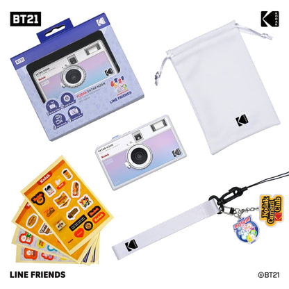 [CLEARANCE] KODAK EKTAR H35N x BT21 Limited Edition 35mm Half-Frame Reusable Film Camera Package with BTS Line Friends Kpop Special Collaboration Sticker Set, Carry Pouch, Wrist Strap Keychain, and Built-In Star Filter for Alog Photography
