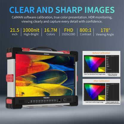 FEELWORLD SEETEC P215 PRO & PRO-CO (21.5") 1000nit IPS Heavy Duty Portable Broadcast Monitor with Impact-Resistant Protective Casing, HDMI / 3G-SDI In & Out, 4K 60Hz Support, HDR, 3D LUT, Waveform, and V-Mount Battery Plate for Camcorders, DSLRs