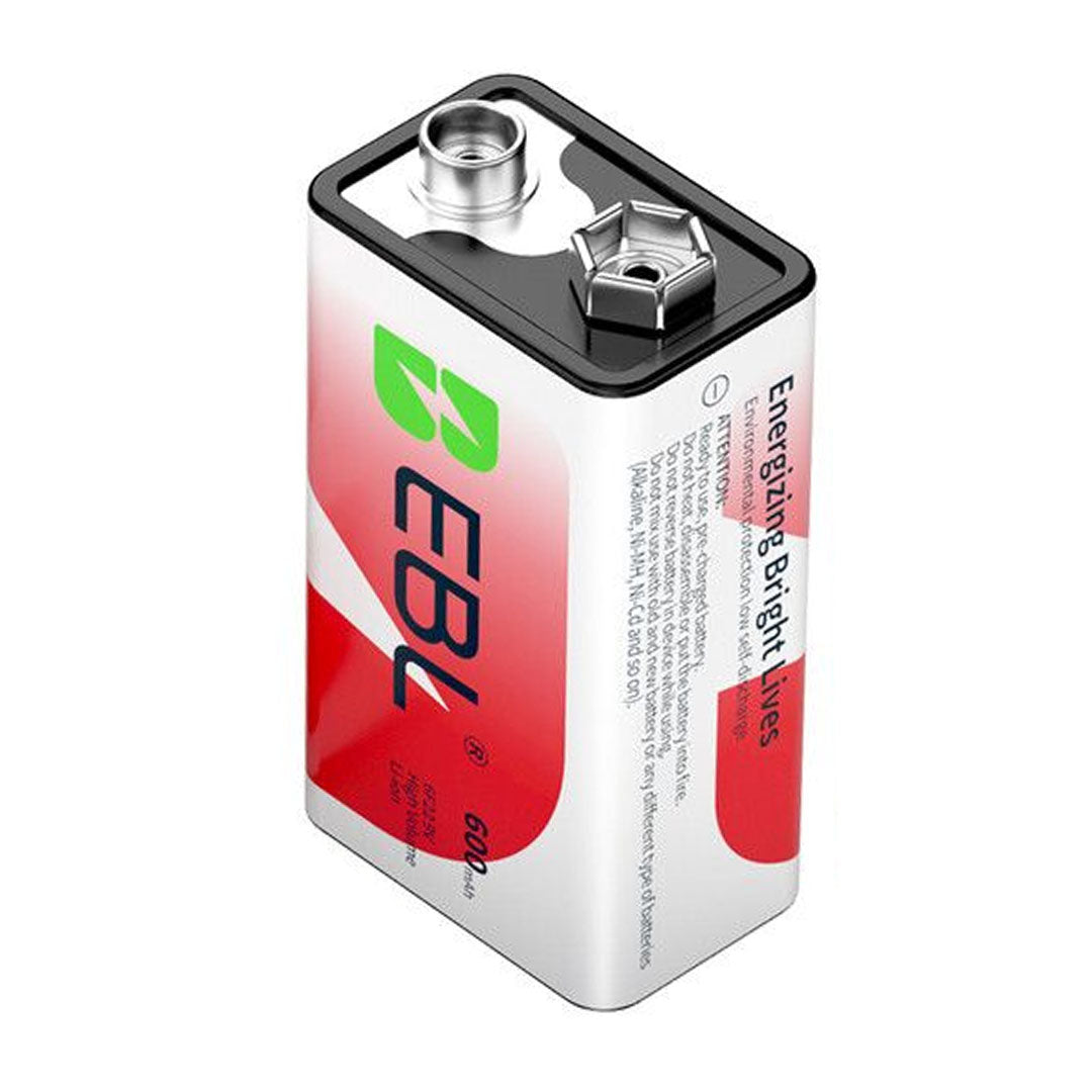 EBL 9V 6F22 600mAh High Volume Li-ion Lithium Ion Rechargeable Batteries with Up to 1200 Recharges, and Improved Low Self-Discharge for Portable and Emergency Electronics