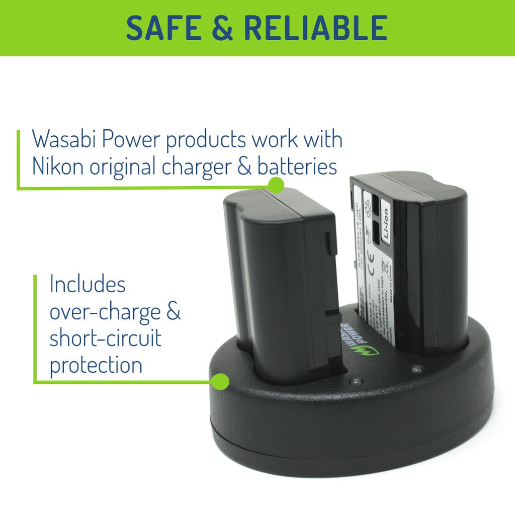 Wasabi Power EN-EL15 ENEL15 (2 Pack) 7.0V 2000mAh Battery and Dual USB Charger Kit with Power Indicators for Select Nikon EN-EL15a EN-EL15b EN-EL15c and 1 V1, D500 D600 D800 D810A D7000 Z5 Z6 Z6II Z7 Z711 Z8 DSLR Mirrorless Camera