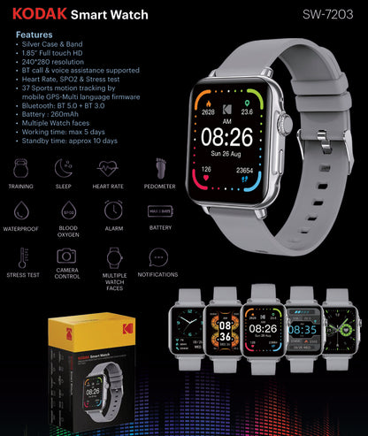 KODAK SW-7203 / SW-7204 Smart Watch IP68, Bluetooth 5.3 / 5.0, 1.85" / 1.28" HD Full Touchscreen Display, 260mAh / 200mAh Max 5 Days Battery Life, Mobile GPS, Health Monitoring, Multiple Preloaded Watch Faces | Black, Silver