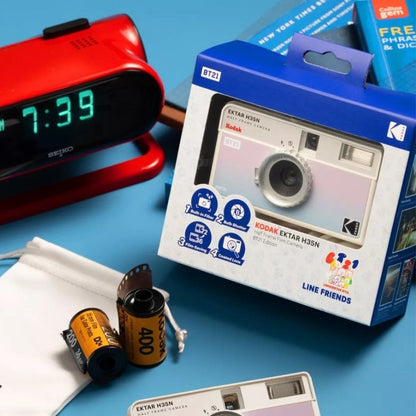 [CLEARANCE] KODAK EKTAR H35N x BT21 Limited Edition 35mm Half-Frame Reusable Film Camera Package with BTS Line Friends Kpop Special Collaboration Sticker Set, Carry Pouch, Wrist Strap Keychain, and Built-In Star Filter for Alog Photography