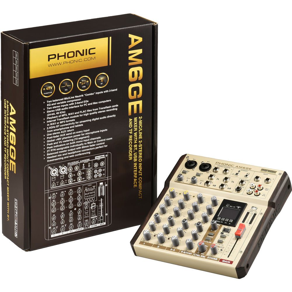 Phonic AM-6GE Gold Edition 2-MIC/LINE 2-Stereo Input Compact Mixer with 2.4GHz Wireless Bluetooth, TF Recorder, Powered by USB with Power Adapter, and USB-C Cable