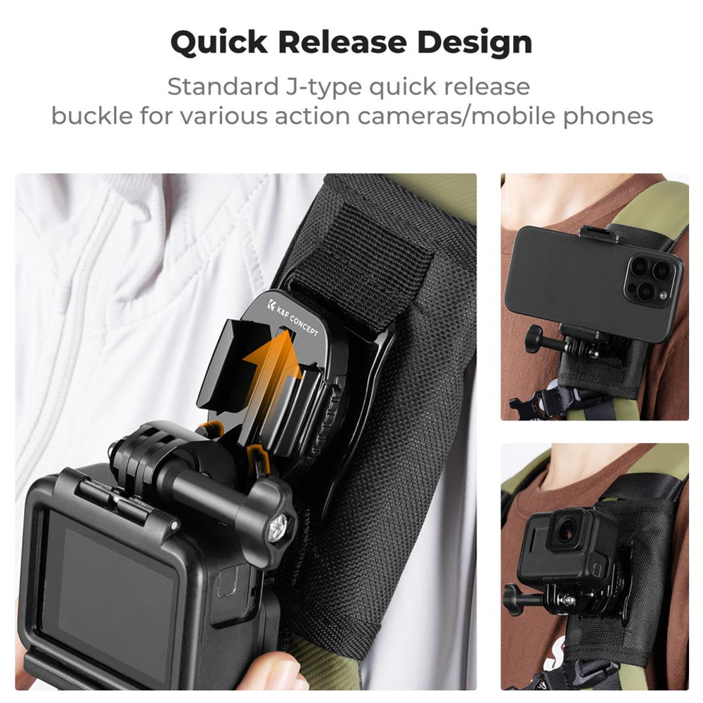 K&F Concept Backpack Shoulder Bag Strap / Clip Mount with 360 Degrees Angle Rotation for Smartphones and GoPro DJI Insta360 Action Cameras - POV Point of View Recording, Vlogging, Video Content Creation | KF31-114 KF31-115