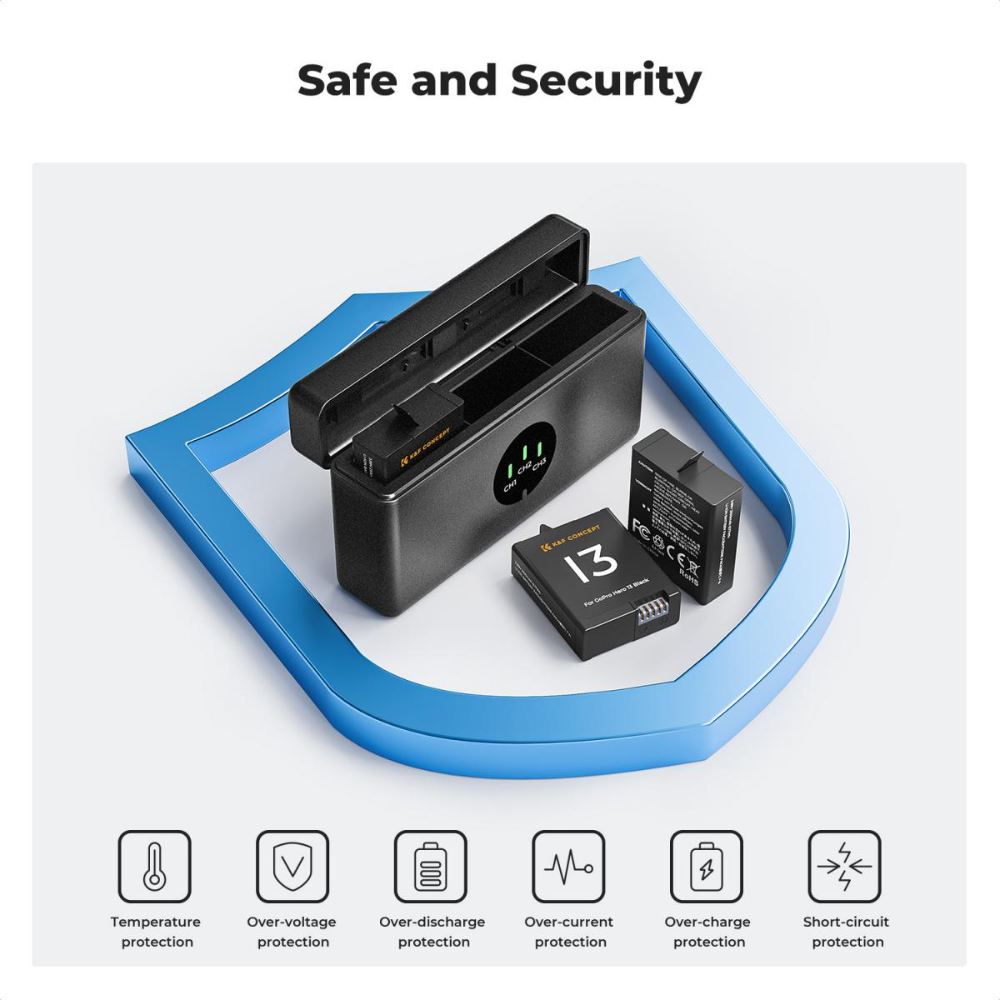 K&F Concept 3-Pack GoPro Hero 13 Action Camera Battery & Triple-Slot Charger Kit with 2100mAh Capacity, LED Light Indicator, USB-C Charging Cable & Port