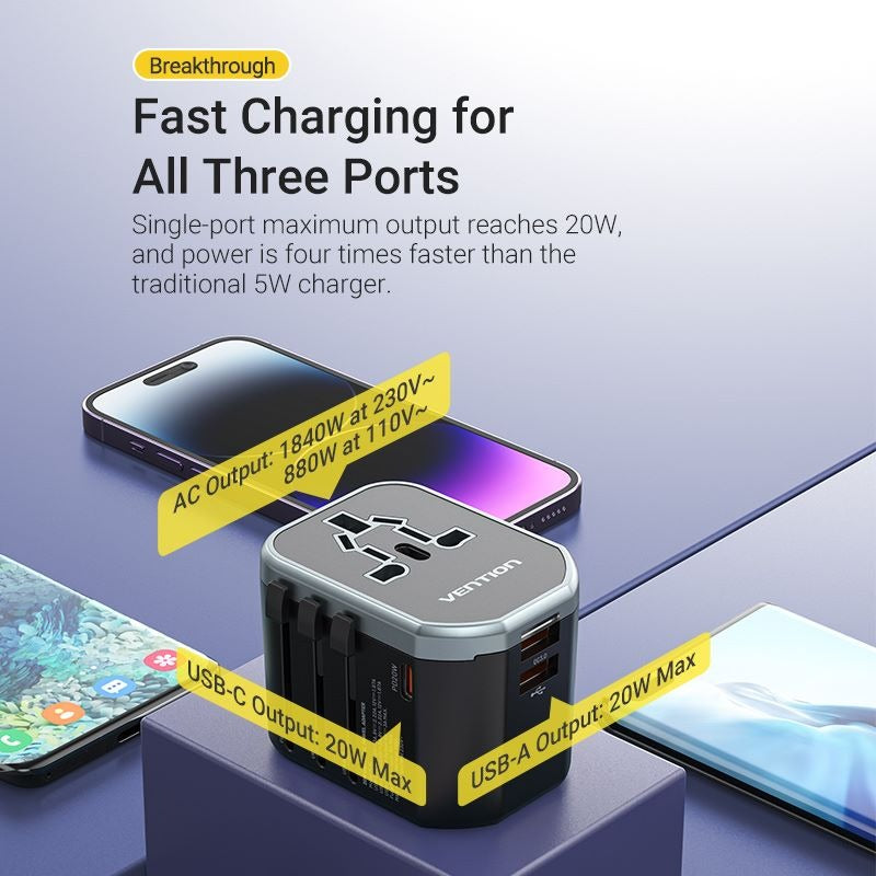 Vention 20W Multi-Port Universal Travel Adapter with Fast Charging USB PD Ports, US/AU/UK/EU Male and Female Plugs for Smartphone, Tablet, Laptop etc. | FJCB0