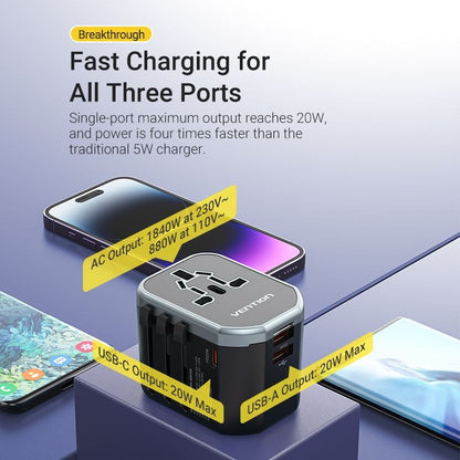 [CLEARANCE] Vention 20W Multi-Port Universal Travel Adapter with Fast Charging USB PD Ports, US/AU/UK/EU Male and Female Plugs for Smartphone, Tablet, Laptop etc. | FJCB0