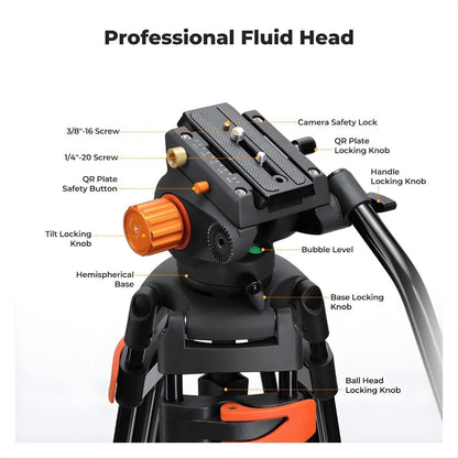 K&F Concept VA3+BV70 360° Fluid Head Video Tripod