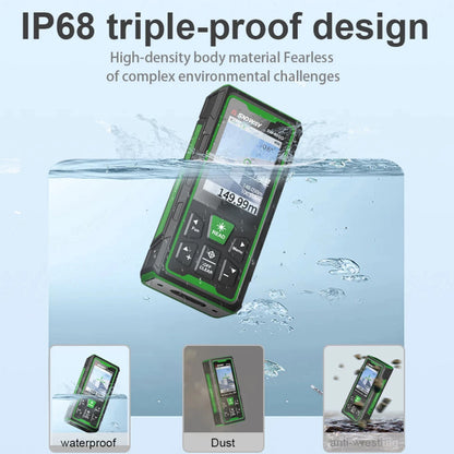 SNDWAY SW-150GQ Outdoor Green Beam Laser Distance Meter Digital Rangefinder with 3MP Camera, 150m Max Distance, IP68 Water and Dust Resistant, 2000mAh Rechargeable Battery, 90° Electronic Level Angle Sensor for Length Area Volume