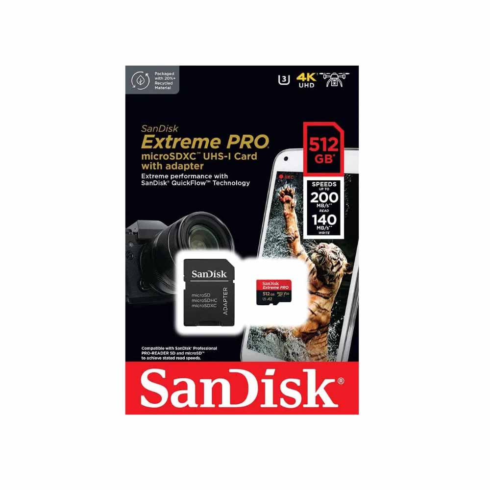 SanDisk Extreme Pro 512GB Micro SD Card SDXC A2 UHS-I V30 Class 10, Up to 200Mbps and 140Mbps Read and Write Speed with Adapter for Android Smartphone and Cameras | SDSQXCD-512G-GN6MA
