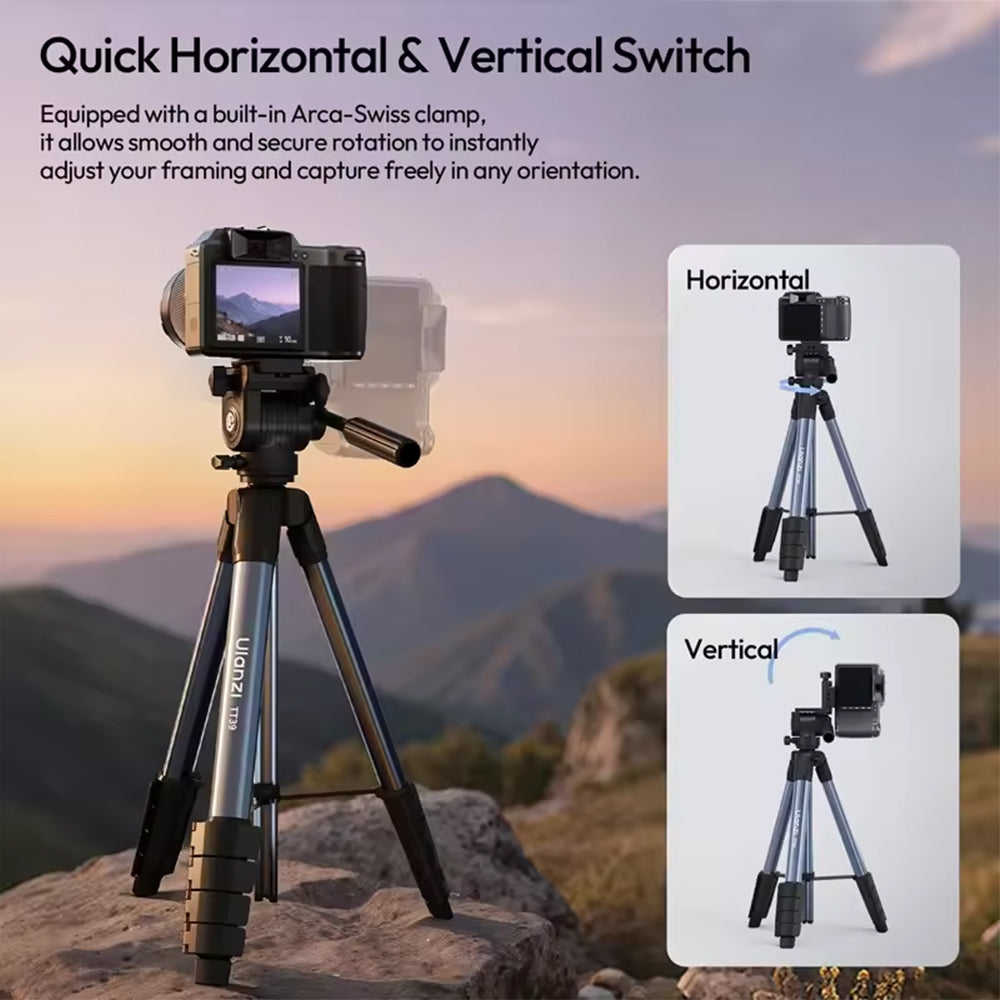 Ulanzi TT39 Aluminum Video Travel Tripod with 360° Panoramic Detachable Fluid Head, 1/4" Screw Mount, 3kg Max Load Capacity and Phone Holder Clamp with Cold Shoe for Photography, Vlogging, Livestreaming & Content Creation